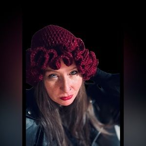 Sparkly Deep Red Crochet Ruffled Buckethat